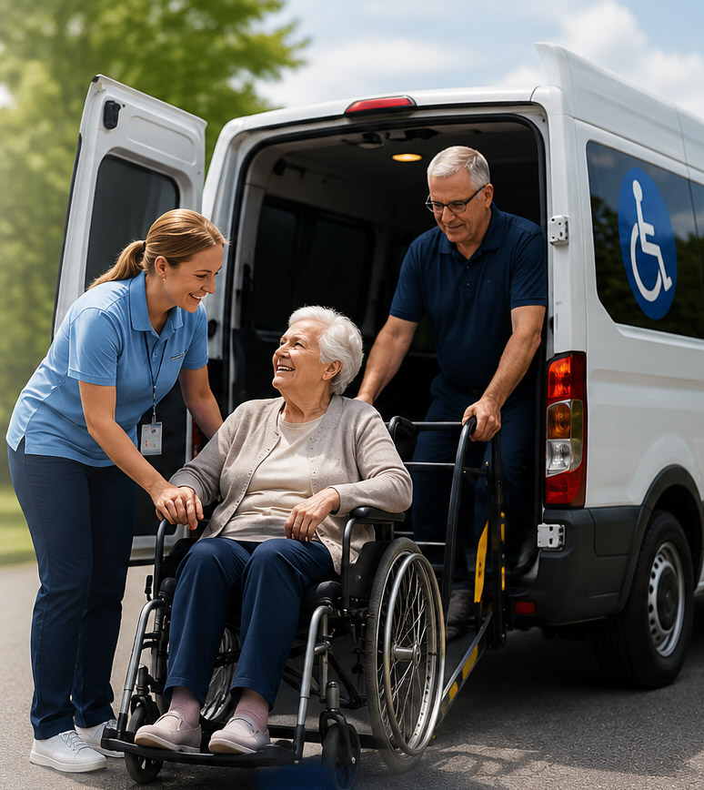 Prompt Care Transportation driver assisting a patient into a wheelchair accessible van